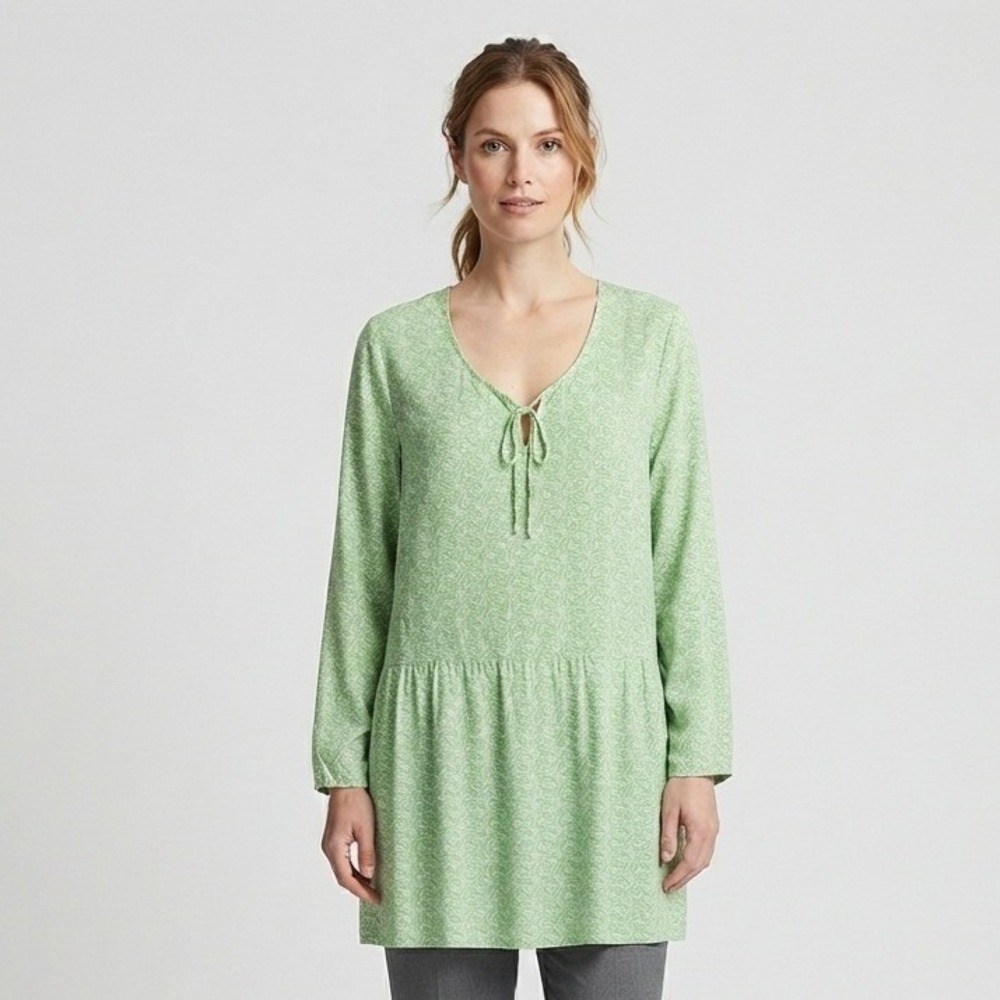 Ulla Popken Green White Geometric Tunic Top Plus Size 24/26 Long Sleeve Tie Neck